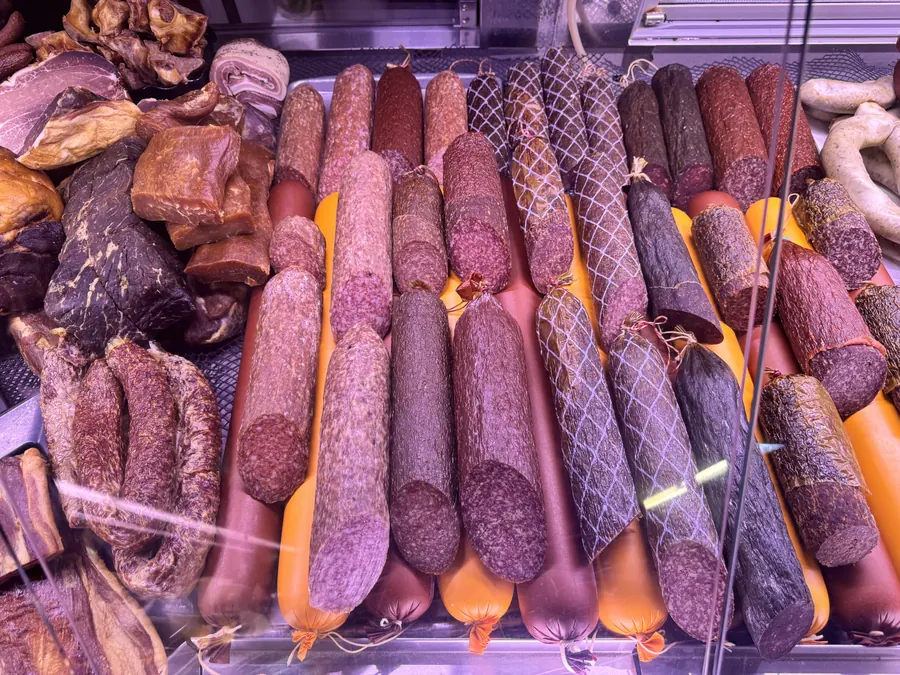 Salami, summer sausage, and smoked meat slabs